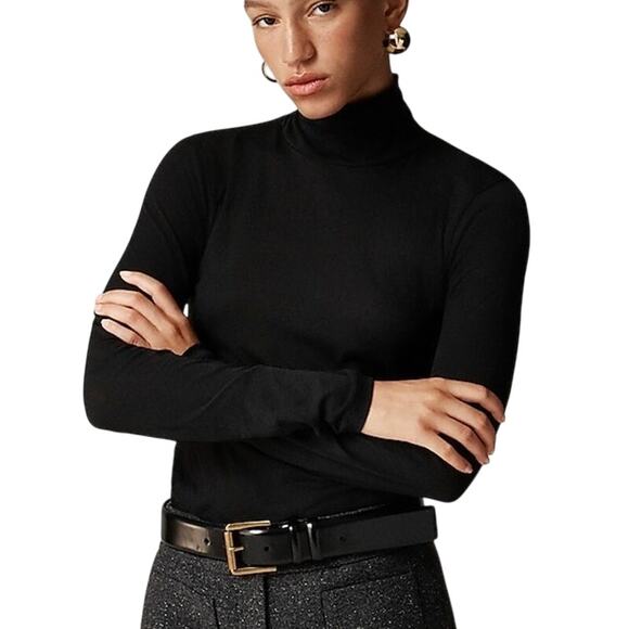 SOLD 💕NWT JCrew Black Tissue Crepe Long Sleeve Cotton Turtleneck Shirt Size L - Picture 1 of 13